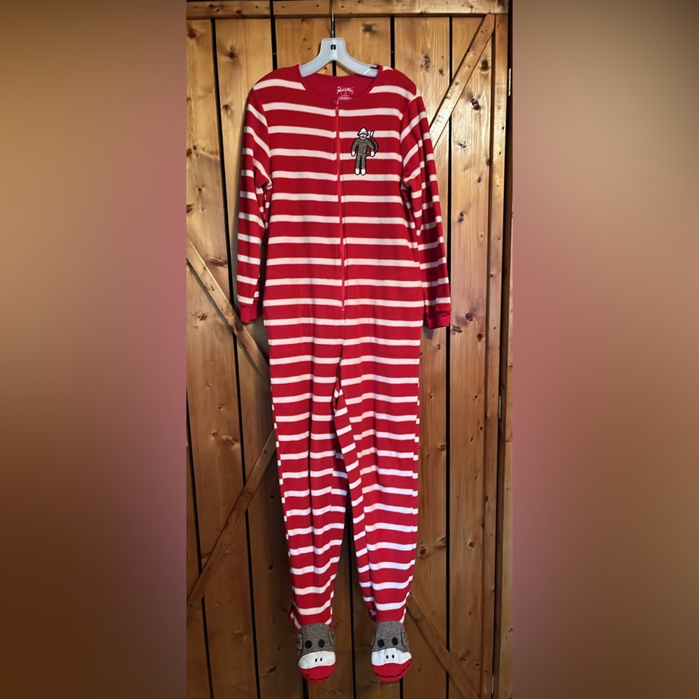 Nick & Nora Red and White Striped Women's One-piece Footed Pajamas
